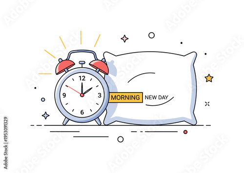 Early wake up routine centered on a classic alarm clock showing morning time beside a simple pillow silhouette. Soft sun rays peeking in and a small ?New Day?