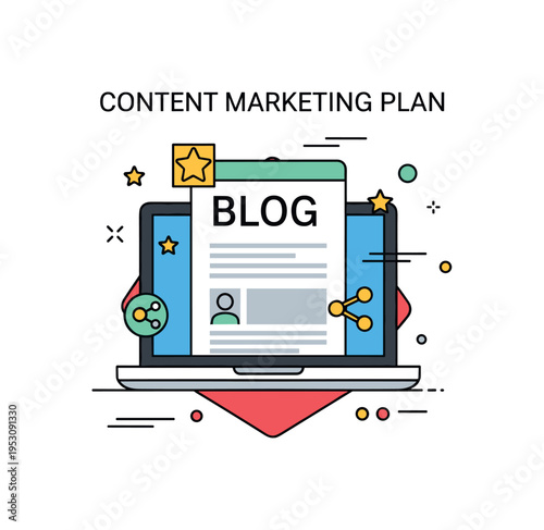 Content marketing plan represented by a laptop displaying a blog page layout with small star and share icons, highlighting storytelling and audience