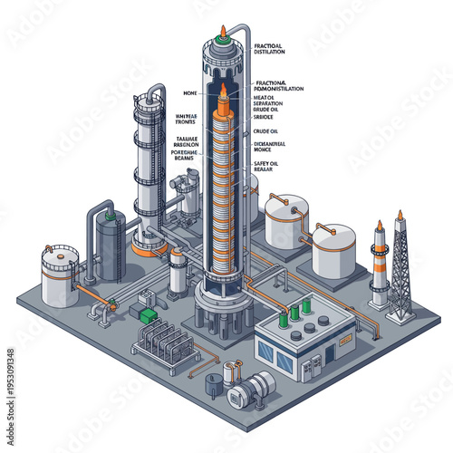 Industrial Oil Refinery Plant with Distillation Tower and Storage Tanks.