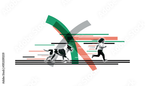 Black and white dog running beside a child, intersected by bold geometric arcs and flat color blocks representing motion trails, minimal horizontal lines
