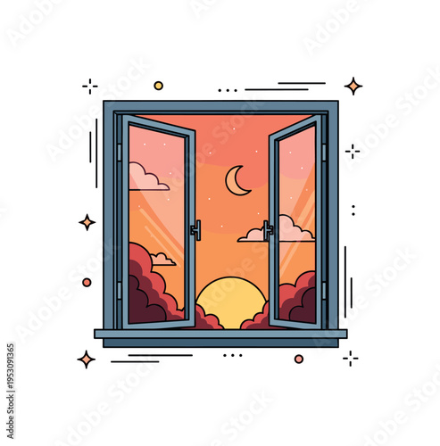 Quiet reflection at sunset shown through a half-open window with warm orange light spilling inward and a subtle crescent moon beginning to appear in the sky.