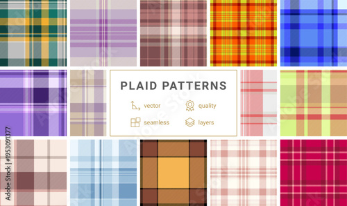 Elegant plaid set for stationery designers. Coordinated tartan patterns unify paper products. Vector repeats align precisely.