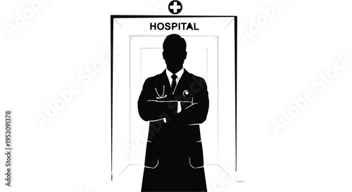 Doctor standing confidently in hospital doorway with arms crossed, professional medical silhouette in modern healthcare setting