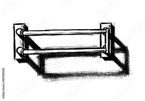 Hand-drawn sketch of a modern double towel rack with strong shadows