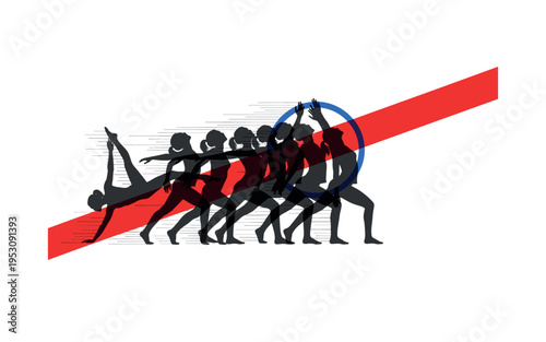 Black and white figure transitioning between yoga poses in layered duplicated silhouettes, bold red diagonal stripe emphasizing fluid movement, blue circular