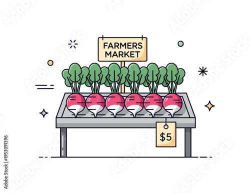 Farmers market display radish arranged neatly on a simple stand with a small price tag attached. A clean editorial scene capturing local produce culture and