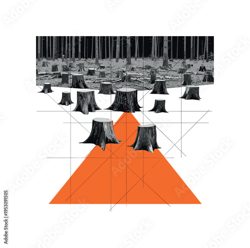 Black and white forest reduced to scattered tree stumps, oversized orange triangle beneath forming unstable base, thin grid lines referencing human planning