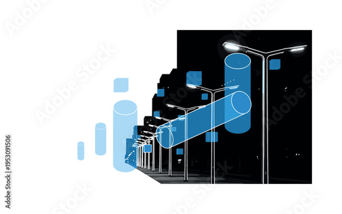 Realistic monochrome city sidewalk scene with multiple street lights illuminating simultaneously, layered with floating blue cylindrical shapes and minimal