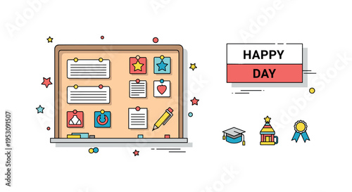 Festive bulletin board setup featuring a pinboard with neatly arranged decorative cutouts and a small Happy Day caption, symbolizing school spirit and seasonal