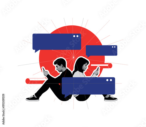 Black and white two friends sitting back to back looking at smartphones instead of each other, bold red geometric circle behind like a digital sun, deep cobalt