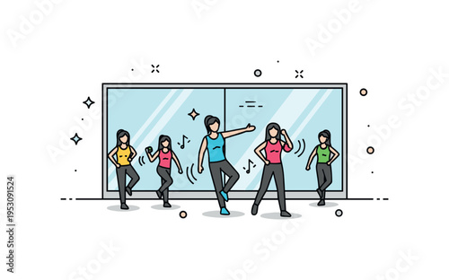 Aerobics studio class atmosphere illustrated by a simplified mirrored wall line behind moving silhouettes with subtle rhythm accents, expressing coordination