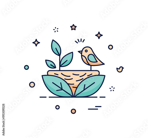 Bird nest protection concept centered on a nest cradled by gentle leaf shapes with a small bird nearby, symbolizing care, conservation, and fragile beginnings.