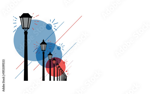 Monochrome row of street lamps fading into distance perspective, combined with overlapping blue and red circles and thin diagonal lines implying transition