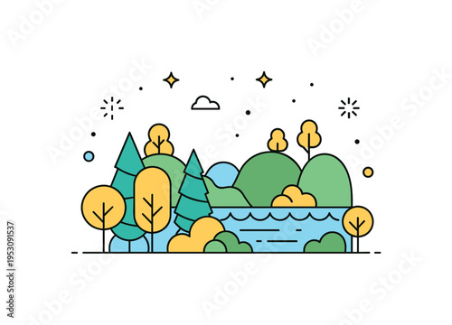 Living night ecosystem simplified landscape combining glowing trees, water, and hills in one balanced composition, with subtle spark icons scattered sparingly.