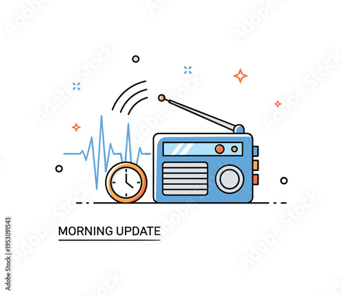 Morning news bulletin on air showing a simple radio unit beside a tiny clock icon indicating early broadcast. Soft sound waves, a subtle ?Morning Update? text