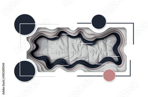 A monochrome close-up of wrinkled comforter folds forming abstract landscape-like shapes, large circular blocks and minimal rectangular forms framing the