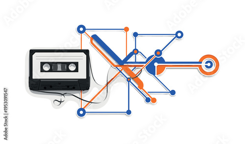 Black and white realistic cassette tape, magnetic tape unraveling into geometric linear patterns and circular nodes, bold flat color accents in cobalt and