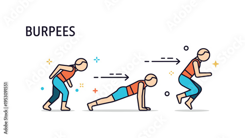 Burpees exercise sequence illustrated by a simplified figure transitioning from standing to plank to jump with subtle motion arrows, capturing dynamic full