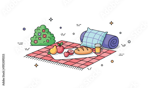 Nature escape weekend compact scene with blanket, fruit, bread and a small flowering bush nearby. A cozy editorial illustration about escaping city routine for