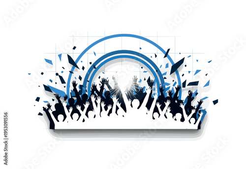 Monochrome silhouette of a crowd with raised hands, layered with blue circular frame and fine grid lines symbolizing unity, radiant flash of light bursting