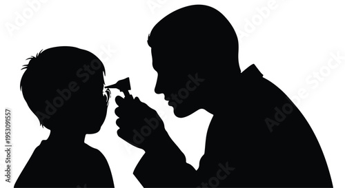Doctor examining child's eyes with otoscope, pediatrician checking vision, healthcare professional in medical setting, silhouette