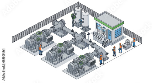Industrial Pumping Station with Compressors and Control Room.
