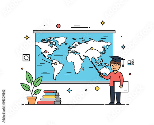 Geography lesson exploration scene featuring a large wall map with clearly outlined continents and a student holding a pointer stick. Tiny star accents and