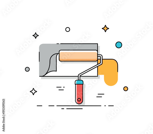Color change transition illustration with a roller gradually replacing dull shade with bright modern tone, representing renewal and personal expression in