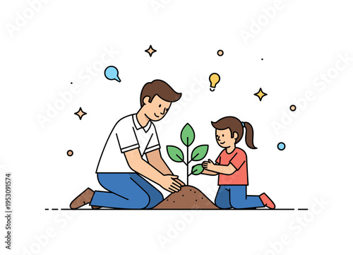Learning and growth moment parent helping a child plant a small tree, expressing guidance and long term care. A meaningful editorial illustration about shared