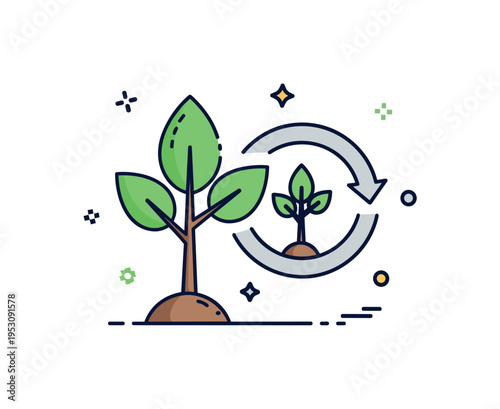 Carbon offset tree project illustration featuring a single strong sapling paired with a subtle circular arrow accent, representing environmental renewal and