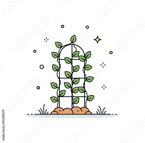 Garden trellis vine concept centered on a small support frame with climbing leaves wrapping around it, representing structured plant growth and outdoor