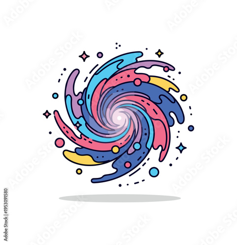 Cosmic plasma nebula abstract swirling cloud with luminous core and scattered particles forming a compact galactic badge. A vibrant concept illustration