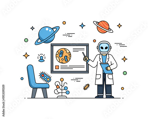 A scientist presenting findings about potential alien life with planetary projections and microbial imagery, emphasizing education, exploration, and