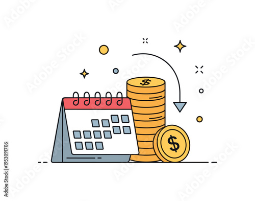 Financial runway planning calendar icon combined with coin stack and downward ticking arrow, representing budgeting and sustainability. A practical editorial
