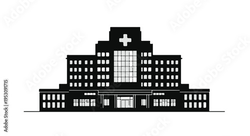 Modern hospital building architecture with cross symbol on top, healthcare facility exterior, medical center design, urban landscape, daytime