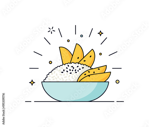 Sticky rice and sliced mango arranged in a small dessert bowl with a sprinkle of black sesame seeds and subtle decorative dots, radiating tropical and sweet