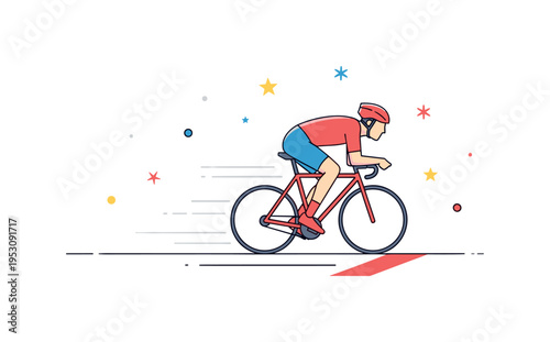 Cycling race finish moment showing a cyclist rolling across a marked line with subtle motion lines behind, symbolizing endurance and athletic focus. The
