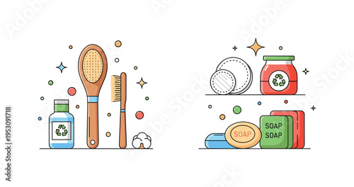 Eco-friendly beauty kit with bamboo brushes, reusable cotton rounds, and solid soap bars, radiating sustainability, conscious choices, and natural care.