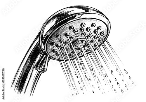 Sketch of a modern shower head with water spraying from the nozzles