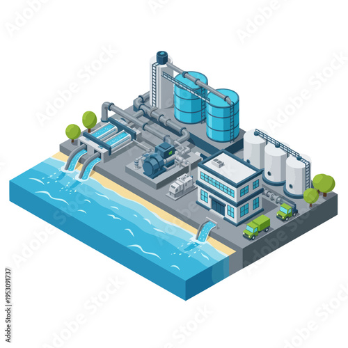 Industrial Water Treatment Plant Facility on the Coastline.