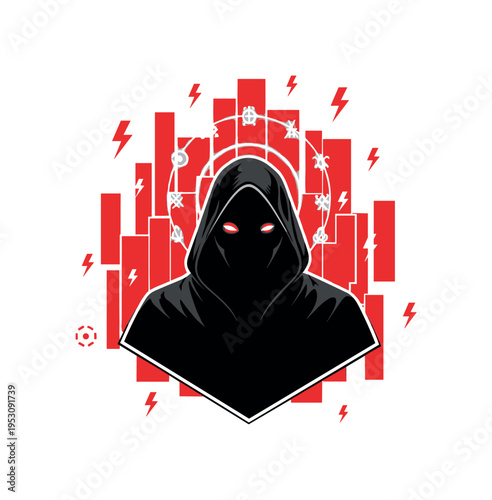A monochrome silhouette of a cloaked figure with glowing abstract symbols around their head, surrounded by red rectangular blocks and minimal lightning bolt