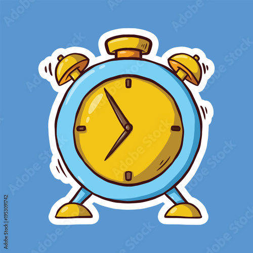 A cartoon illustration of a blue and yellow vintage alarm clock with bells ringing on a solid blue background.