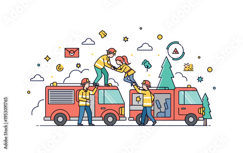 Emergency response team with responders helping civilians onto emergency vehicles during a natural disaster, highlighting rapid action and community support.