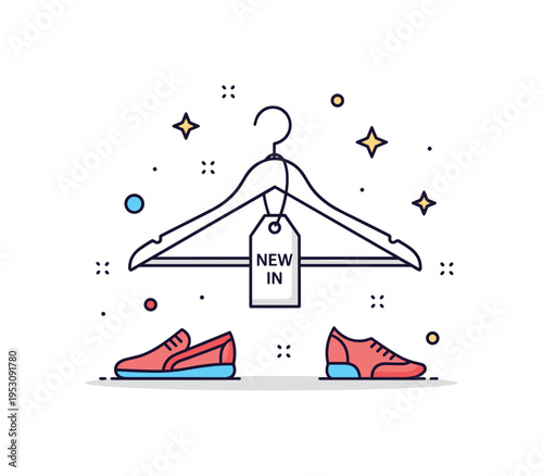 Fashion haul concept built around a clothing hanger with a small tag reading New In, accompanied by subtle accessory icons to express style refresh and