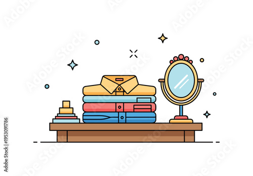 A neatly folded stack of vintage shirts and trousers on a wooden table with a small decorative mirror, highlighting classic style and retro