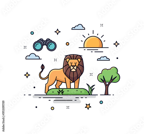 African safari adventure featuring a majestic lion standing on a small patch of grass as the main symbol, with distant binoculars and a rising sun accenting
