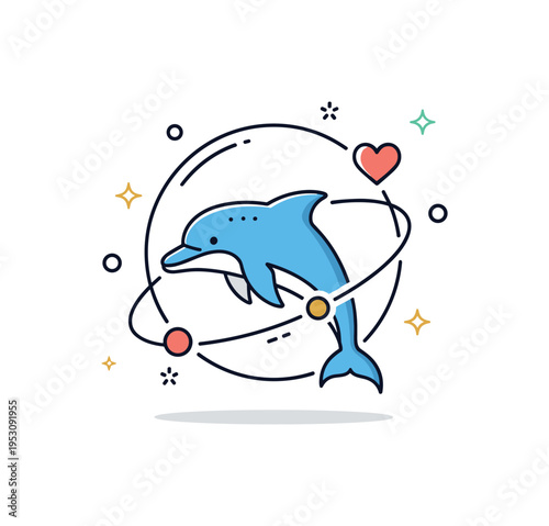 Endangered species protection dolphin icon encircled by a subtle protective ring and small heart accent. A concise editorial illustration about care and