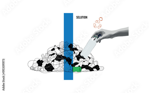 Black and white hand sorting plastic bottle from mixed waste pile, bold blue vertical bar dividing composition into problem and solution, thin contour lines