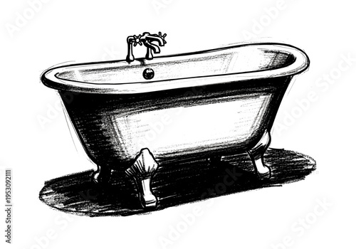 Sketch of a classic clawfoot bathtub with vintage faucet and drain
