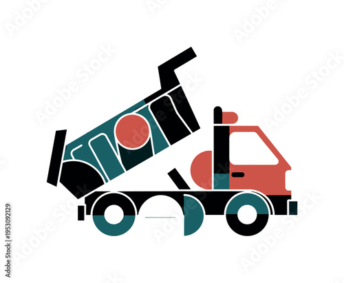 Black and white dump truck with raised bed stylized into geometric planes, abstract cylinders and semicircles echoing wheel forms, retro cut-out layering with
